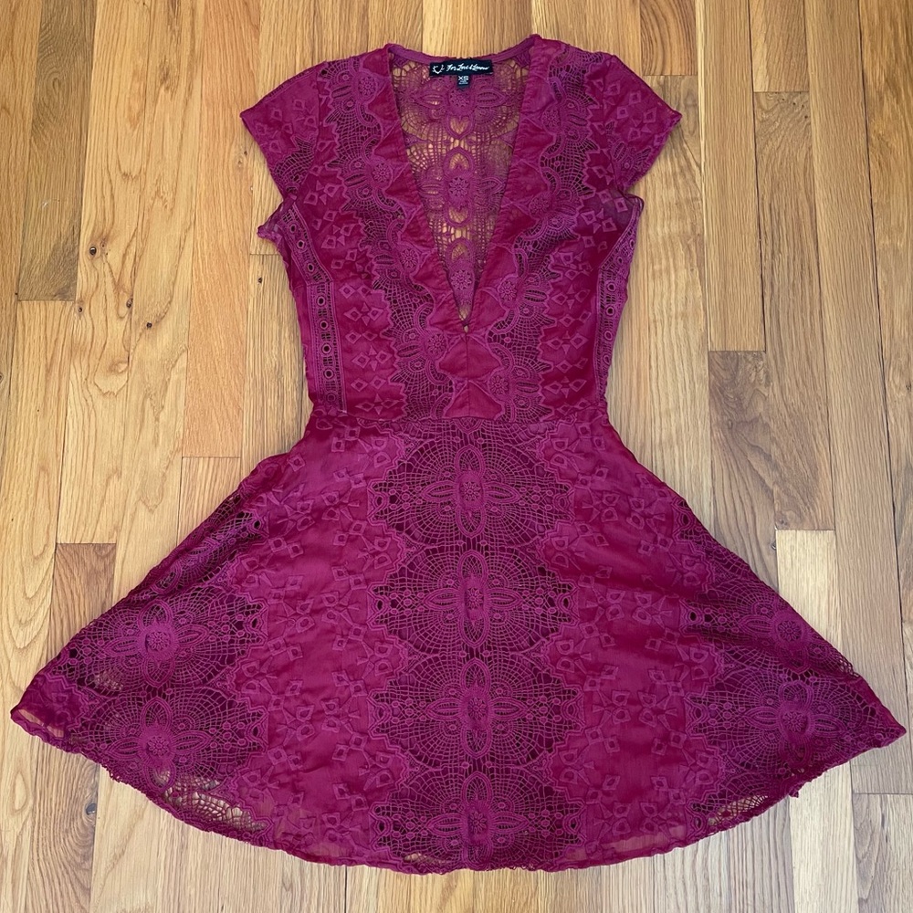 For Love and Lemons Burgundy Wine Red V Neck Dress Fit and Flare Mini
